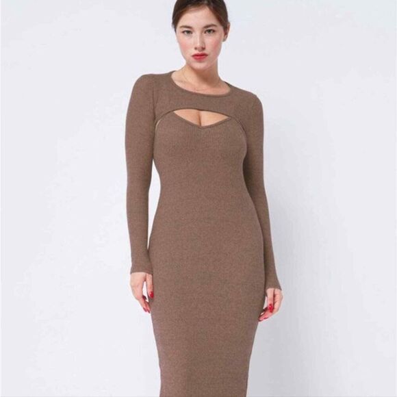 SEXY Cut out ribbed knit shrug midi dress brown AGRADE large - Picture 1 of 8